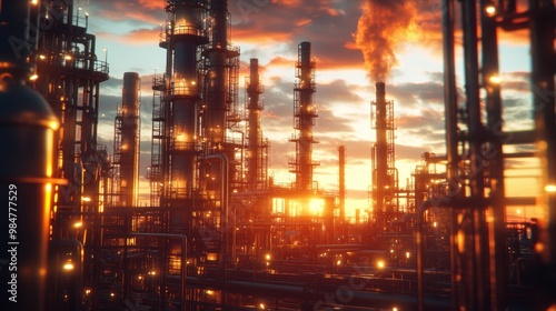 A stunning view of an industrial complex at sunset, showcasing intricate steel structures and vibrant orange skies.