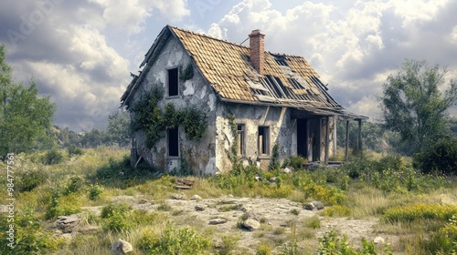 Abandoned rural house surrounded by overgrown vegetation under a dramatic sky.