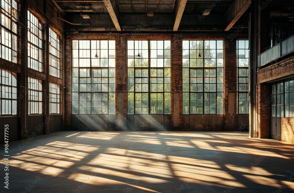 Sunlight Streaming Through Large Windows in an Abandoned Warehouse Sunlight Streaming Through Large Windows in an Abandoned Warehouse