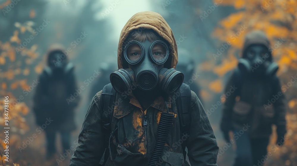 Children wearing gas masks playing in a park surrounded by smog, symbolizing air pollution’s impact on future generations, photorealistic Children wearing gas masks playing in a park surrounded by smog, symbolizing air pollution’s impact on future generations, photorealistic