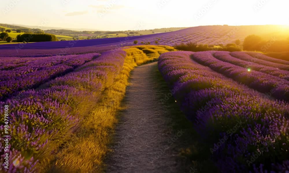 Sunlit path through a lavender field Video hyperrealistic Sunlit path through a lavender field Video hyperrealistic