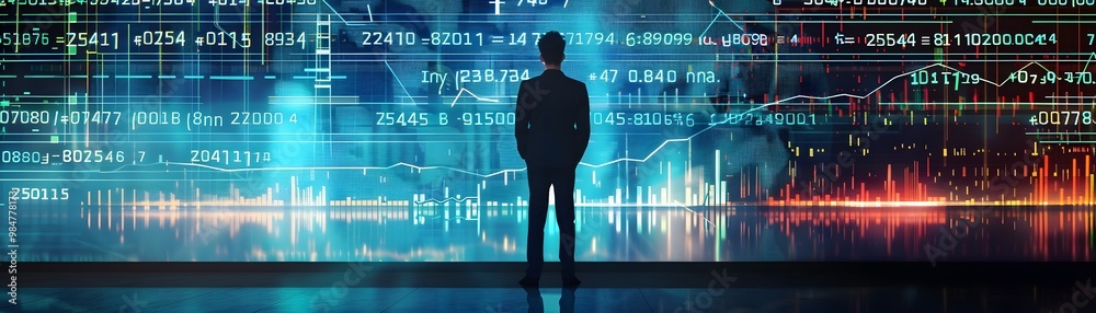 A silhouette figure observing digital data and charts, representing finance and technology in a modern business environment. A silhouette figure observing digital data and charts, representing finance and technology in a modern business environment.