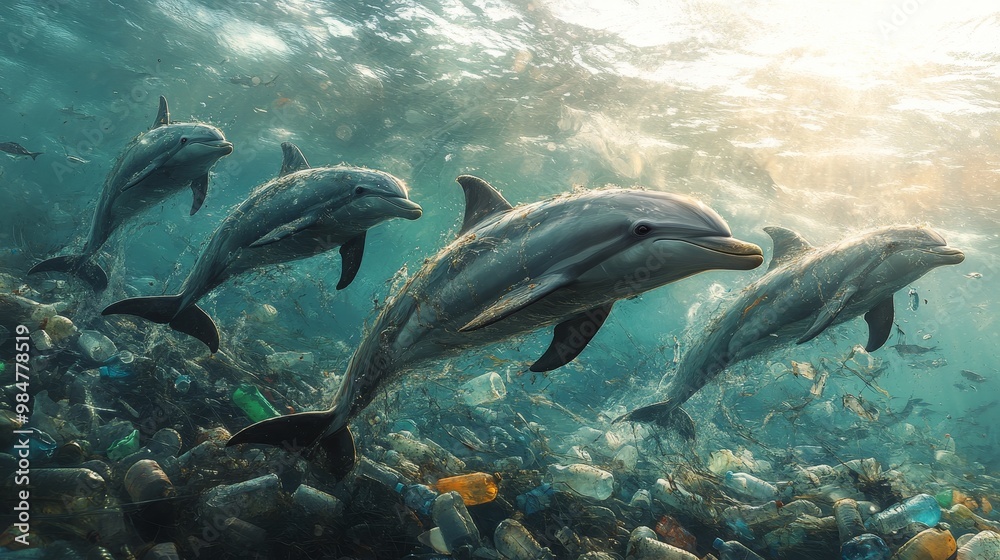 Fototapeta premium Dolphins swimming through plastic bottles and fishing nets, symbolizing human interference with marine ecosystems, photorealistic