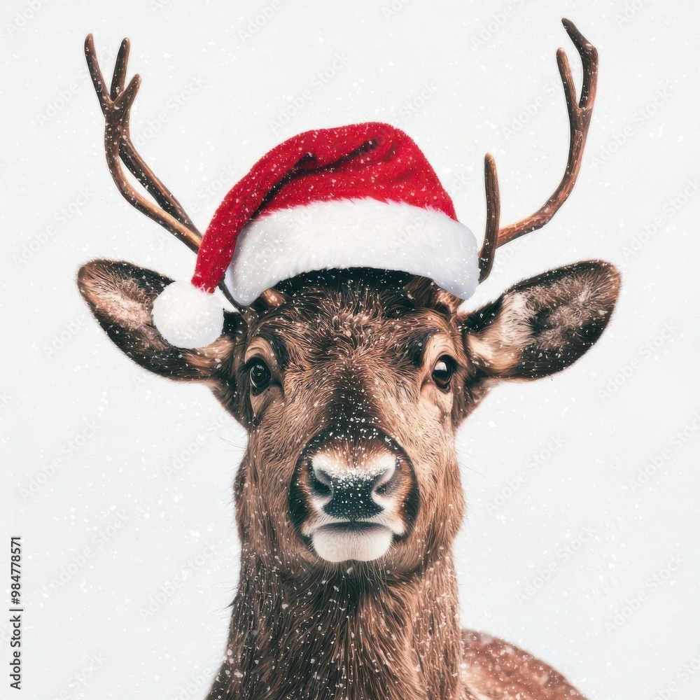 A festive reindeer wearing a red Santa hat, surrounded by falling snow, embodying the holiday spirit. A festive reindeer wearing a red Santa hat, surrounded by falling snow, embodying the holiday spirit.