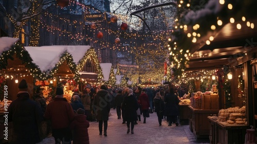 A bustling Christmas market filled with families, laughter, and the smell of treats.