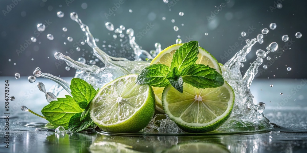 Refreshing Lime and Mint Soak Dynamic Close-up of Fresh Green Slices with Water Splash, Cool Tones, Studio Setting for Beverage Advertisements