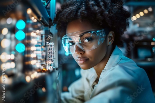 Focused Engineer Woman Working on High-Tech Circuit Board