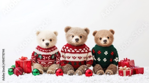 Three adorable teddy bears in cozy holiday sweaters, surrounded by colorful gifts and festive decorations.