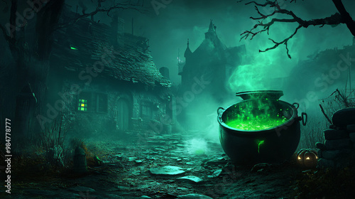 A Halloween invitation featuring a witch’s cauldron, glowing green potion, and a spooky mist.