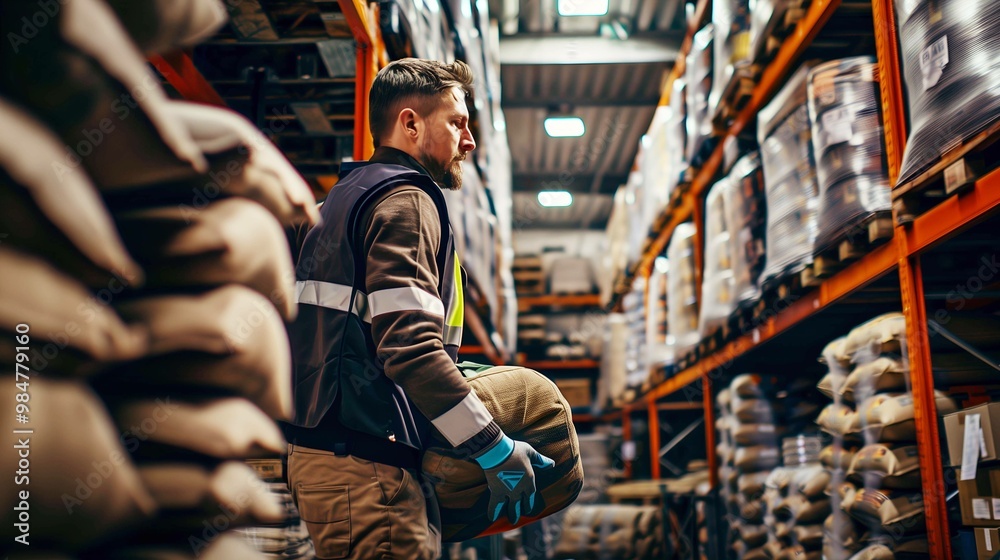 Warehouse Worker Carrying Heavy Sack in Storage Facility Warehouse Worker Carrying Heavy Sack in Storage Facility