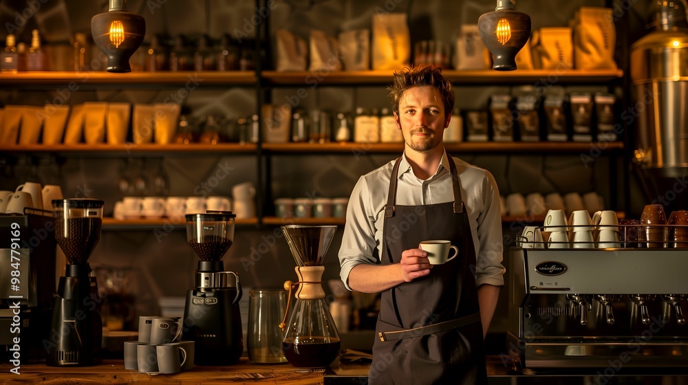 Coffee Shop Barista Standing by Espresso Machine Coffee Shop Barista Standing by Espresso Machine