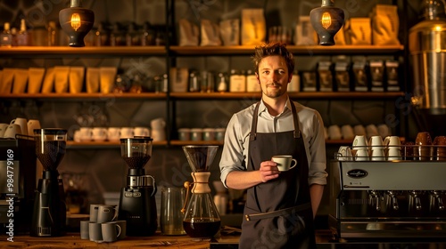 Coffee Shop Barista Standing by Espresso Machine