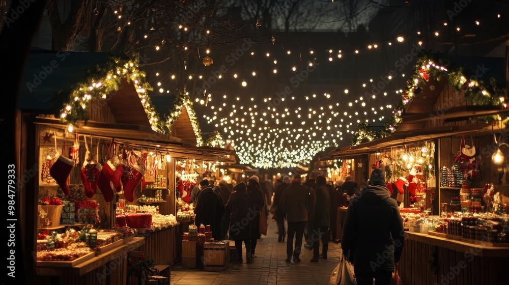 A bustling Christmas market lit by glowing string lights, with wooden stalls selling ornaments and festive treats. A bustling Christmas market lit by glowing string lights, with wooden stalls selling ornaments and festive treats.