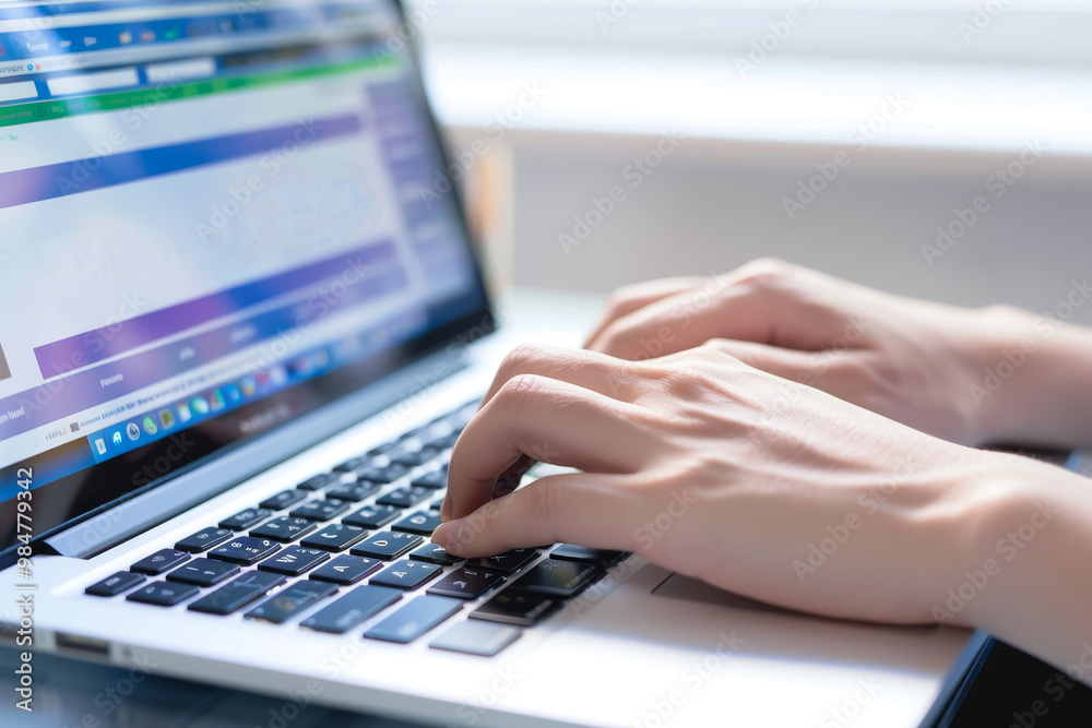 Hands typing on laptop keyboard in bright home office setting. Hands typing on laptop keyboard in bright home office setting.