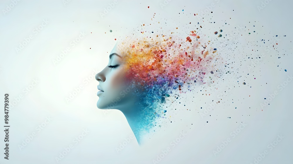A creative depiction of a woman's profile, blending vibrant colors and abstract elements to symbolize thought and imagination. A creative depiction of a woman's profile, blending vibrant colors and abstract elements to symbolize thought and imagination.