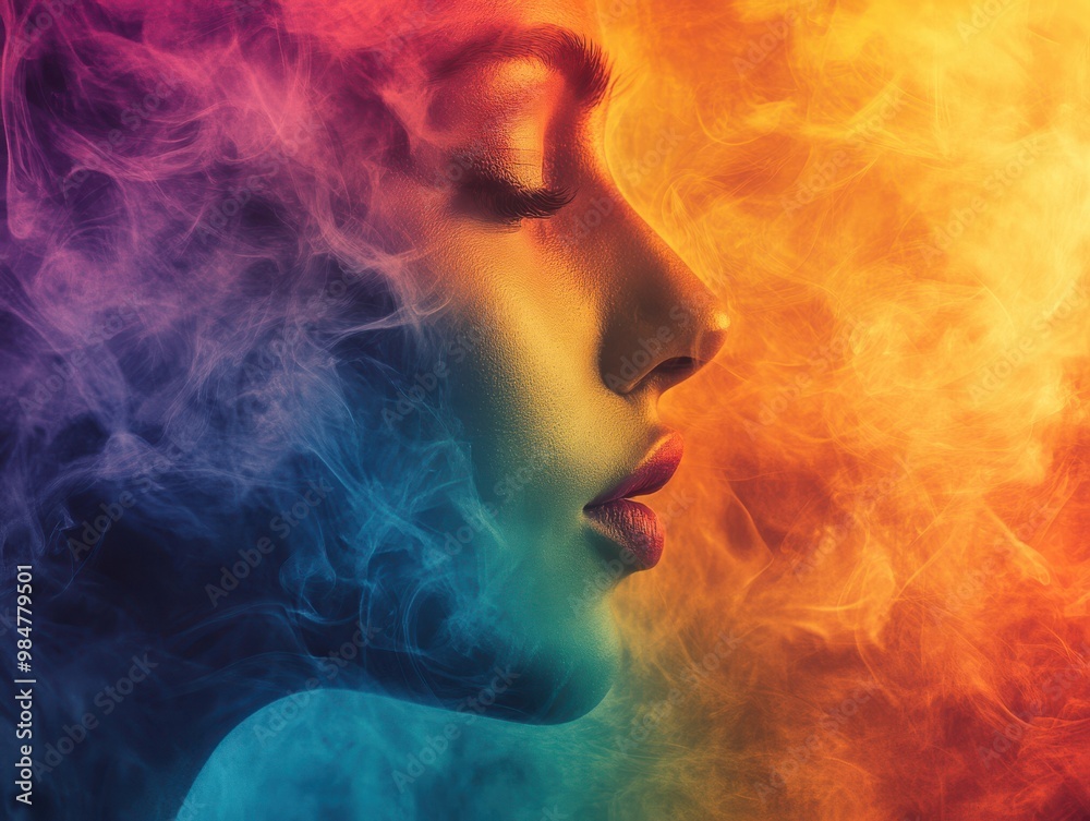 Colorful Female Profile Surrounded by Vibrant Smoke
