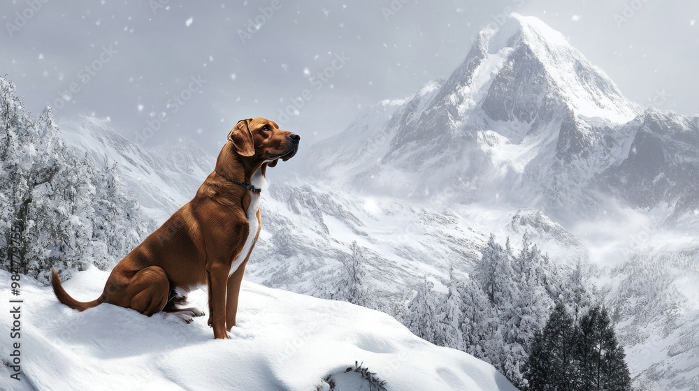 A regal brown dog sits proudly in a snowy mountain landscape, showcasing a majestic winter scene. A regal brown dog sits proudly in a snowy mountain landscape, showcasing a majestic winter scene.