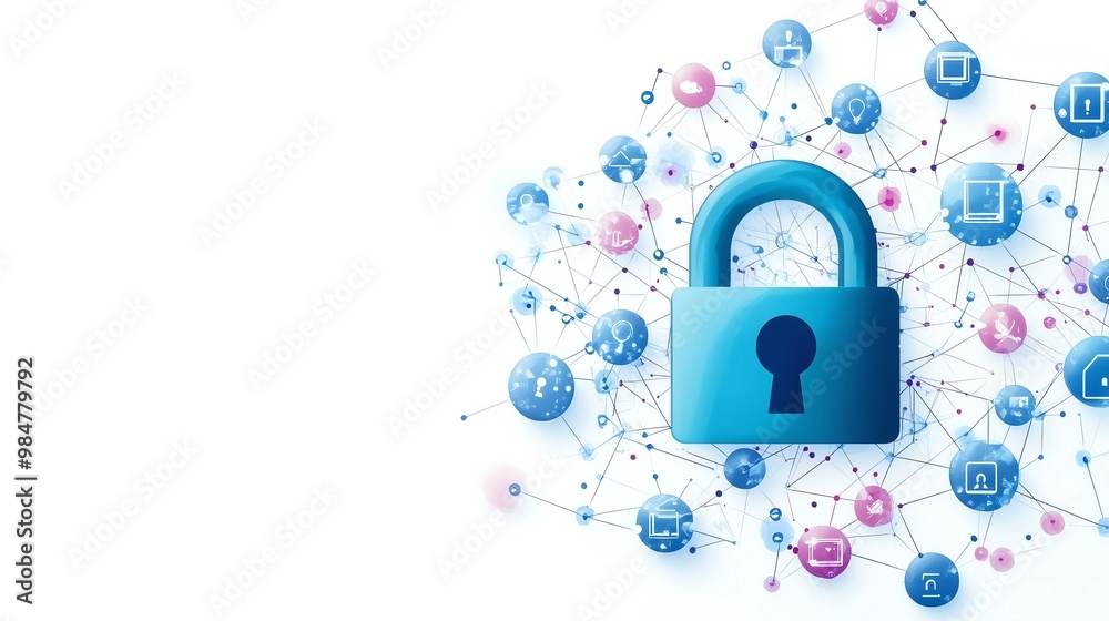 Digital security concept with a blue lock and various interconnected ...