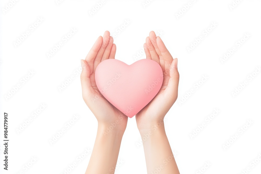 Fototapeta premium Hands holding a pink heart symbolizing love, care, and compassion against a clean white background.