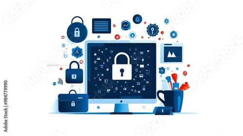 Digital data protection concept with devices and icons, highlighting cybersecurity and information technology in a networked system.