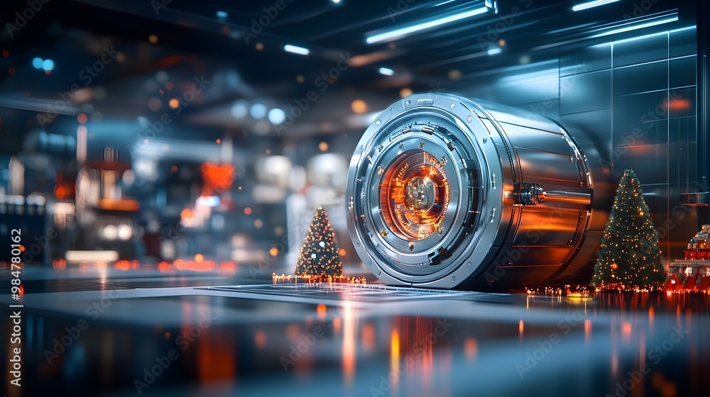 Futuristic vault with an intricate design, glowing accents and a polished surface, set in a high-tech environment. Futuristic vault with an intricate design, glowing accents and a polished surface, set in a high-tech environment.