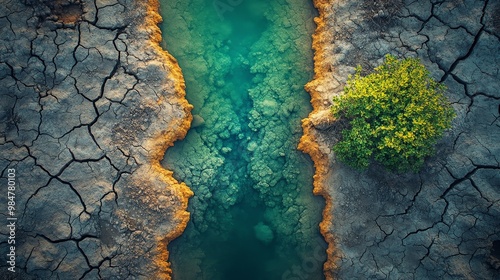 A cracked, dried riverbed with once thriving ecosystems reduced to desolation, symbolizing the environmental cost of water mismanagement, top view photo