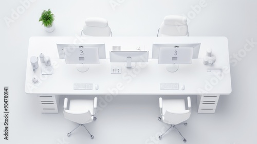 Minimalist white office desk with three computers, plant, and chairs viewed from above.