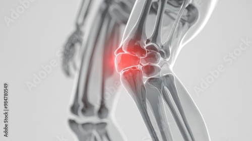 A close-up view of a human skeleton with a red highlighted knee joint, emphasizing the area of pain or injury. photo