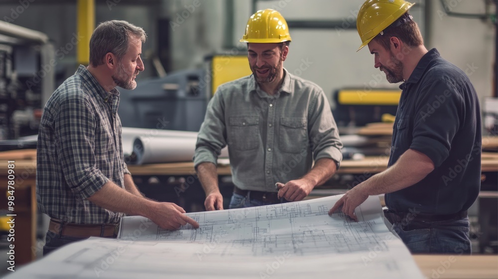 Three male construction workers reviewing blueprints in a workshop, clad in hard hats, discussing plans with focus and determination. Three male construction workers reviewing blueprints in a workshop, clad in hard hats, discussing plans with focus and determination.