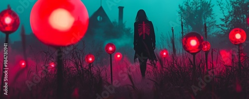 A hallucinatory abstract asymmetrical high-detail photo of a woman with brightly glowing bioluminescent bones standing among a series of small translucent spheres photo