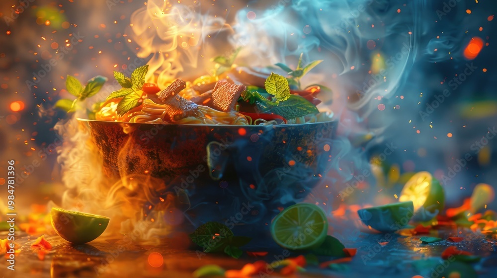 A cauldron filled with ingredients and surrounded by flames and smoke, evoking a magical or mystical atmosphere. A cauldron filled with ingredients and surrounded by flames and smoke, evoking a magical or mystical atmosphere.