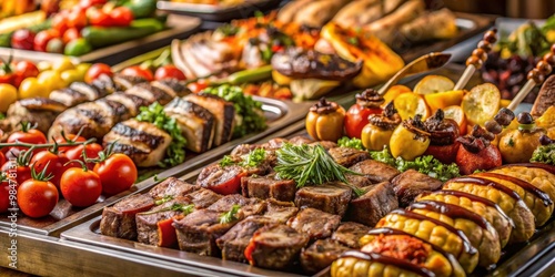 Sizzling Grilled Meat Feast Close-Up Luxurious Spread of Gourmet Cuisine on Silver Platters, Festive Culinary Delight for Events and Menus