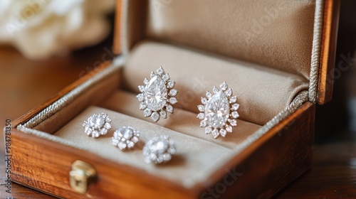 An open jewelry box with a pair of dazzling diamond earrings, including both stud and drop styles, set on a polished wooden table.