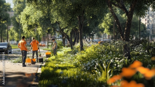 Three male landscape workers, one of Asian descent and two of Black descent, maintaining a lush urban park.