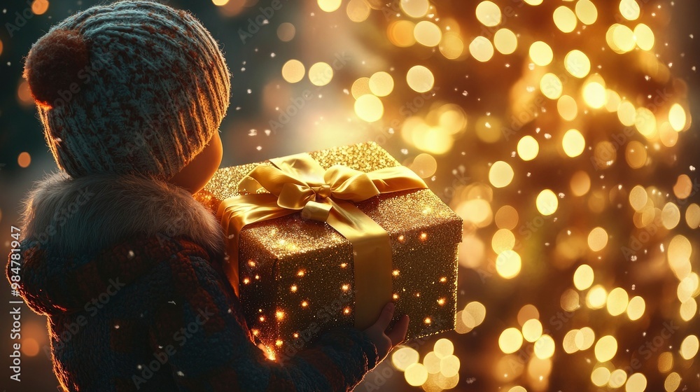 A child holding a large, gift-wrapped box with a golden ribbon, standing in front of a glowing Christmas tree.