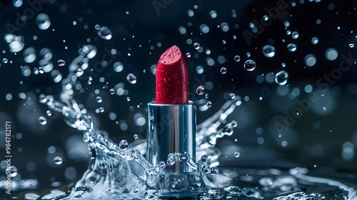 Vibrant red lipstick splashes in water, showcasing beauty and elegance in a dynamic and striking composition.