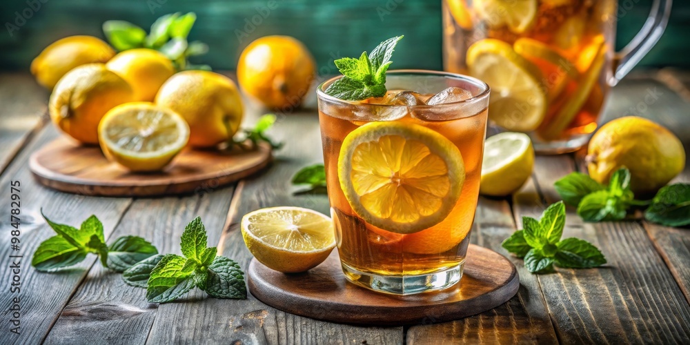 Summery Delight Closeup of Refreshing Iced Tea with Lemon and Mint on Rustic Wooden Table - Tranquil and Invigorating Beverage Concept Summery Delight Closeup of Refreshing Iced Tea with Lemon and Mint on Rustic Wooden Table - Tranquil and Invigorating Beverage Concept