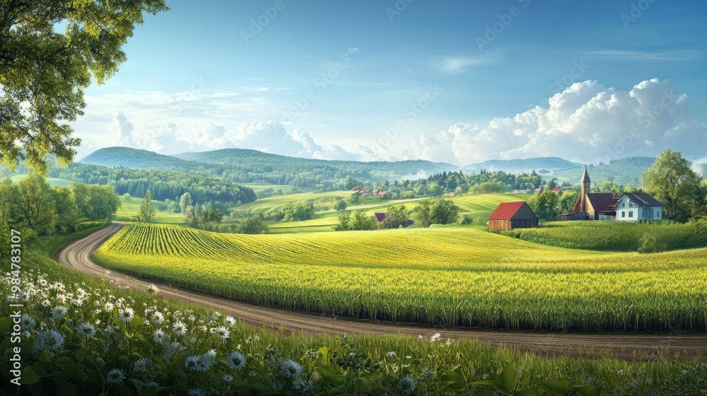 Obraz premium A serene countryside landscape featuring rolling green hills and a winding dirt road amidst a vibrant field.