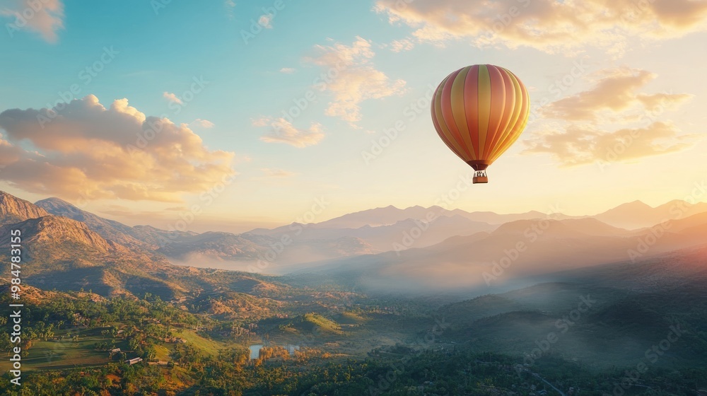 A vibrant hot air balloon floats over a lush valley at sunrise, surrounded by majestic mountains and soft, colorful clouds. A vibrant hot air balloon floats over a lush valley at sunrise, surrounded by majestic mountains and soft, colorful clouds.