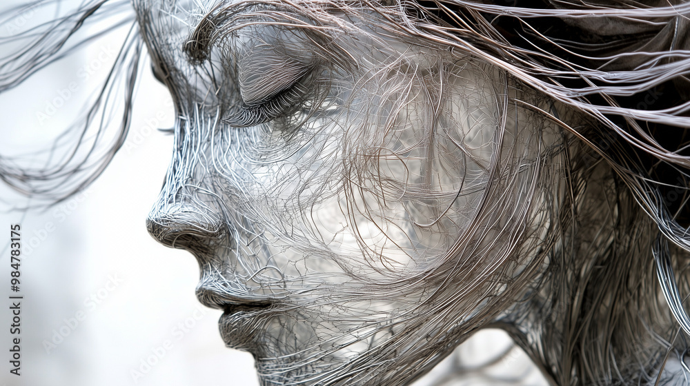 Abstract sculpture of a woman's profile with flowing hair captured in intricate detail Abstract sculpture of a woman's profile with flowing hair captured in intricate detail