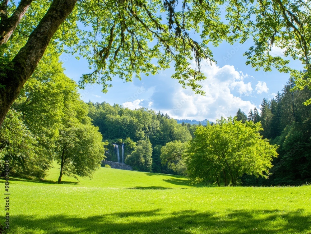 Fototapeta premium Lush green valley with cascading waterfall under a bright blue sky in the heart of nature