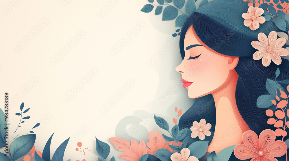 Serene paper-cut profile of a woman surrounded by flowers and leaves on a soft background Serene paper-cut profile of a woman surrounded by flowers and leaves on a soft background