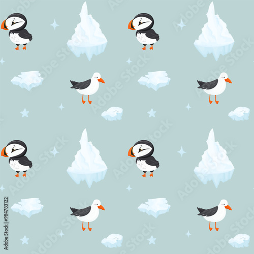 Seamless vector pattern of sea northern birds puffin and gull. Mint ice background with cartoon atlantic ocean birds, ice floes and iceberg. Winter pattern with polar theme