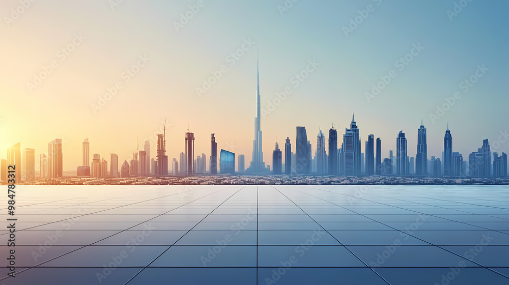 Empty square floor and city skyline with building background. dubai. City Skyline. Illustration Empty square floor and city skyline with building background. dubai. City Skyline. Illustration