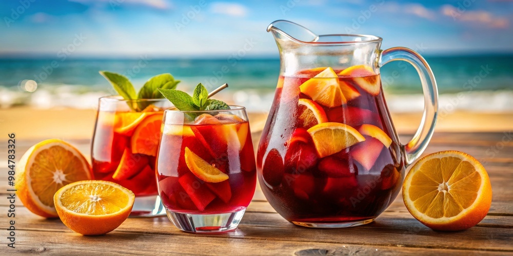 Summery Sangria Delight Vibrant Red Beverage in Glass Pitcher and Glasses on Beach Table - Refreshing, Relaxing, and Festive Vibe for Alcoholic Drink Advertisements and Summer Summery Sangria Delight Vibrant Red Beverage in Glass Pitcher and Glasses on Beach Table - Refreshing, Relaxing, and Festive Vibe for Alcoholic Drink Advertisements and Summer
