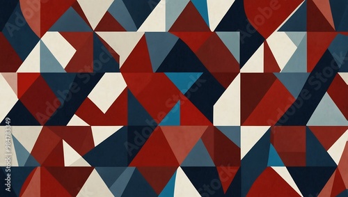 Abstract seamless background with geometric shapes in red, blue, and white.