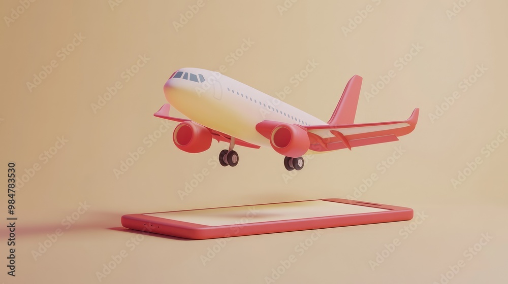 Fototapeta premium A red and white toy airplane taking off from a red smartphone on a pale orange background.