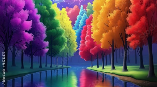 Colorful trees along the river, in the forest, colorful background photo