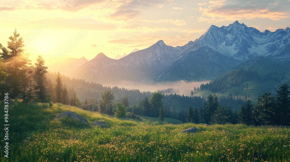Fototapeta premium A breathtaking sunrise over serene mountains, showcasing vibrant greenery and misty valleys.