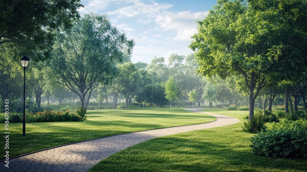 Obraz premium A serene park scene featuring a winding path surrounded by lush green trees and soft sunlight filtering through the leaves.